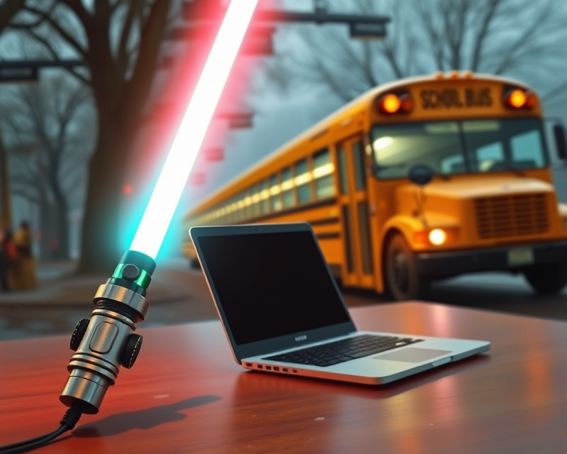 lightsaber, laptop, school bus